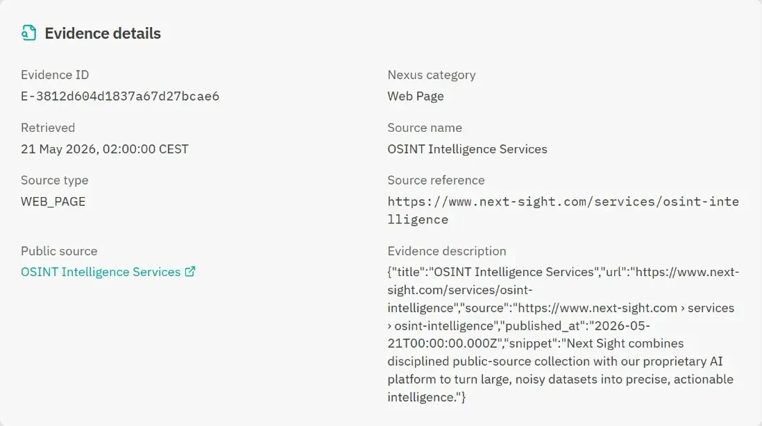 Nexus evidence record with the evidence ID, source name, source type, retrieved date and a link to the original public page