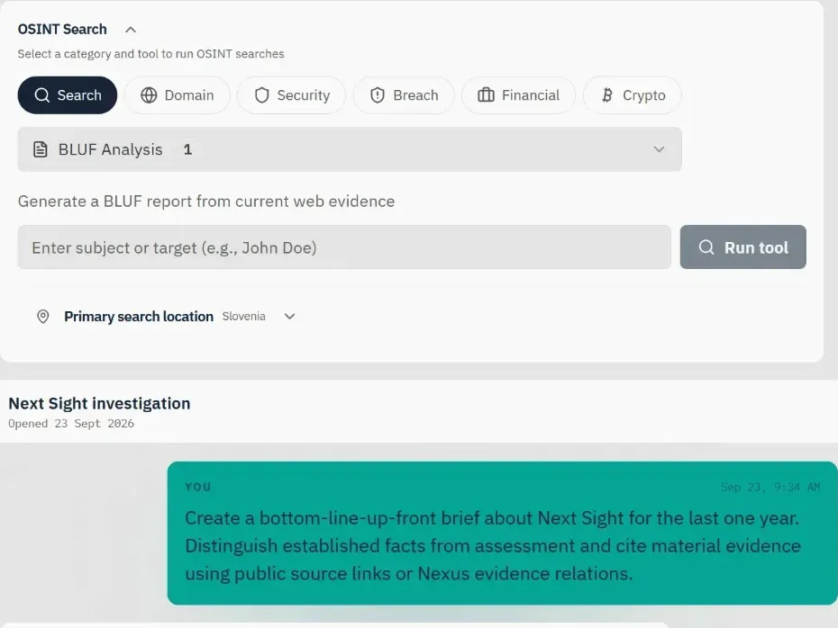 Starting an investigation in Nexus: a BLUF brief selected in the search panel and the objective written in plain language