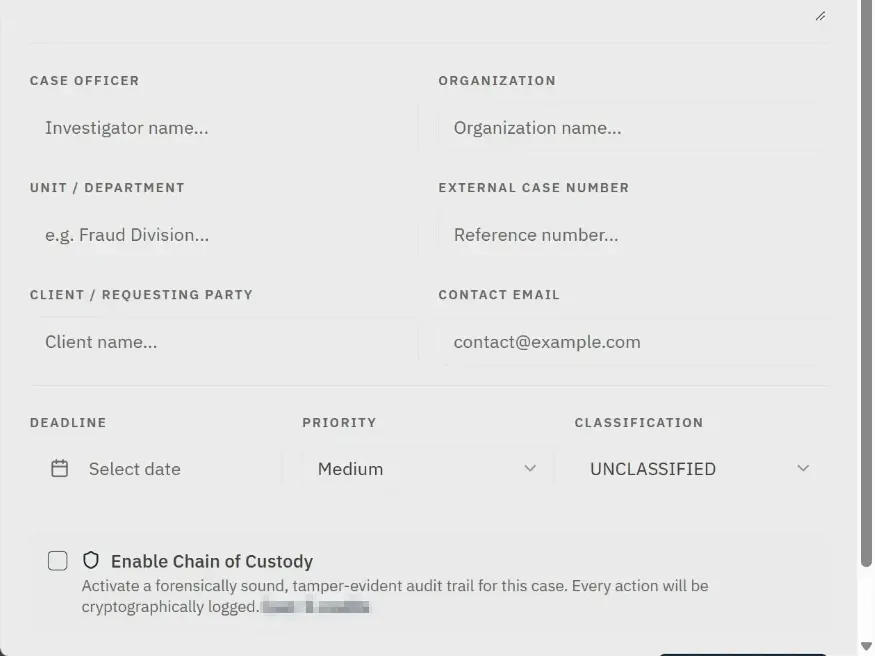New case file in Nexus with case officer, client reference, priority, classification and a chain-of-custody option