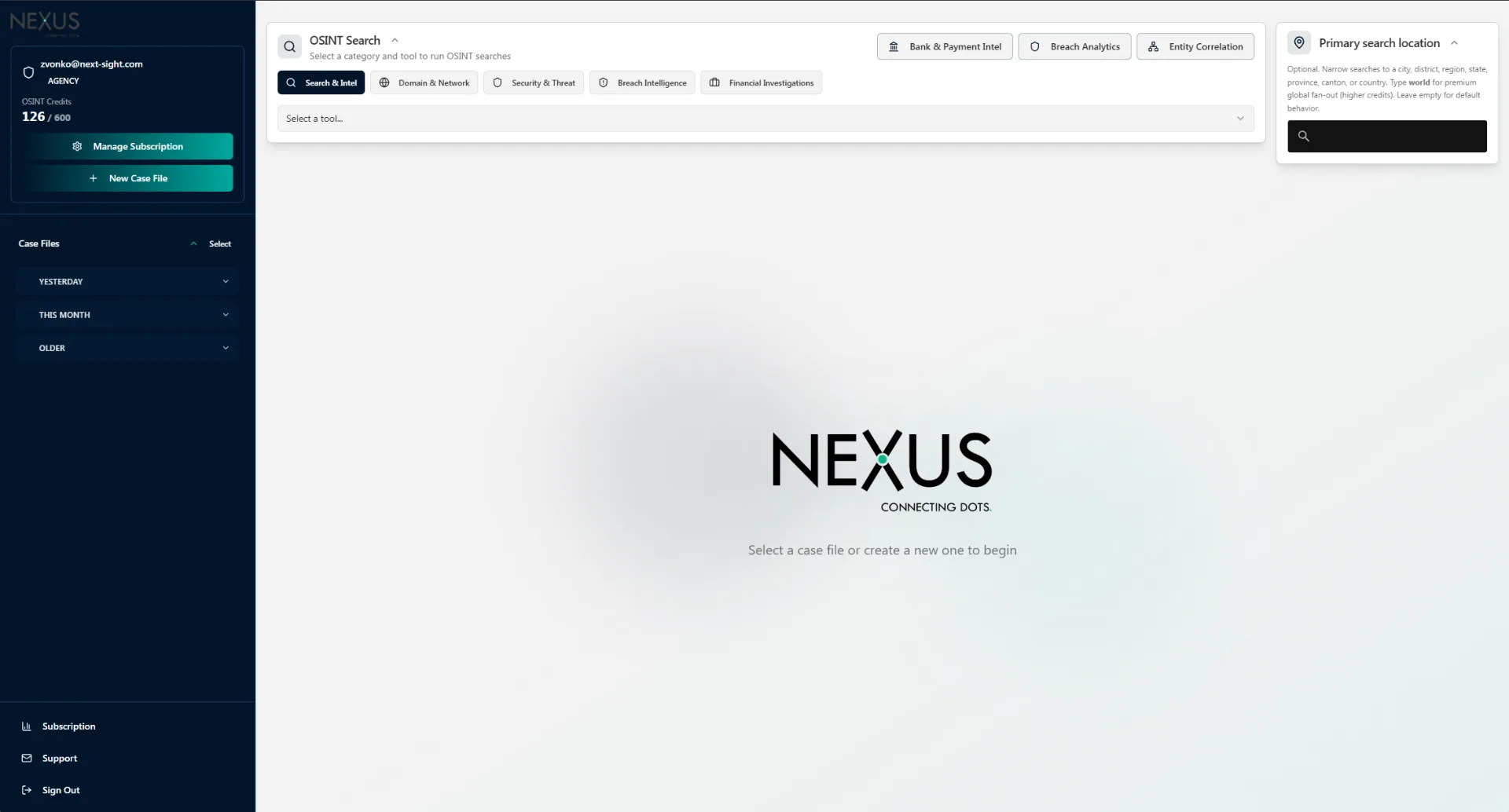 Nexus dashboard ready to start a new investigation