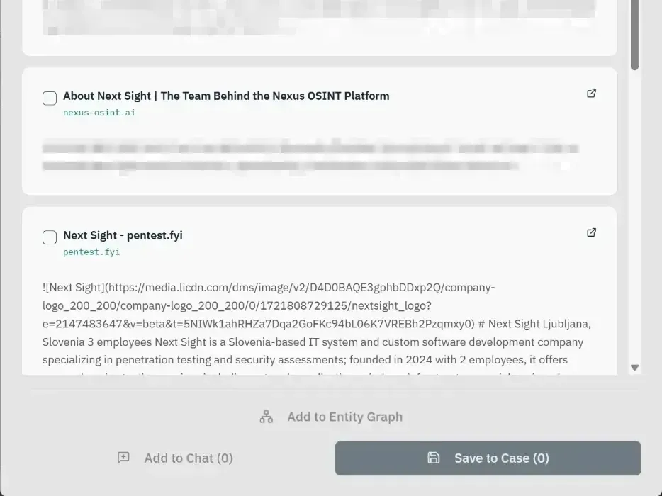 Nexus search results with public sources selected to save to the case, add to the conversation or add to the graph