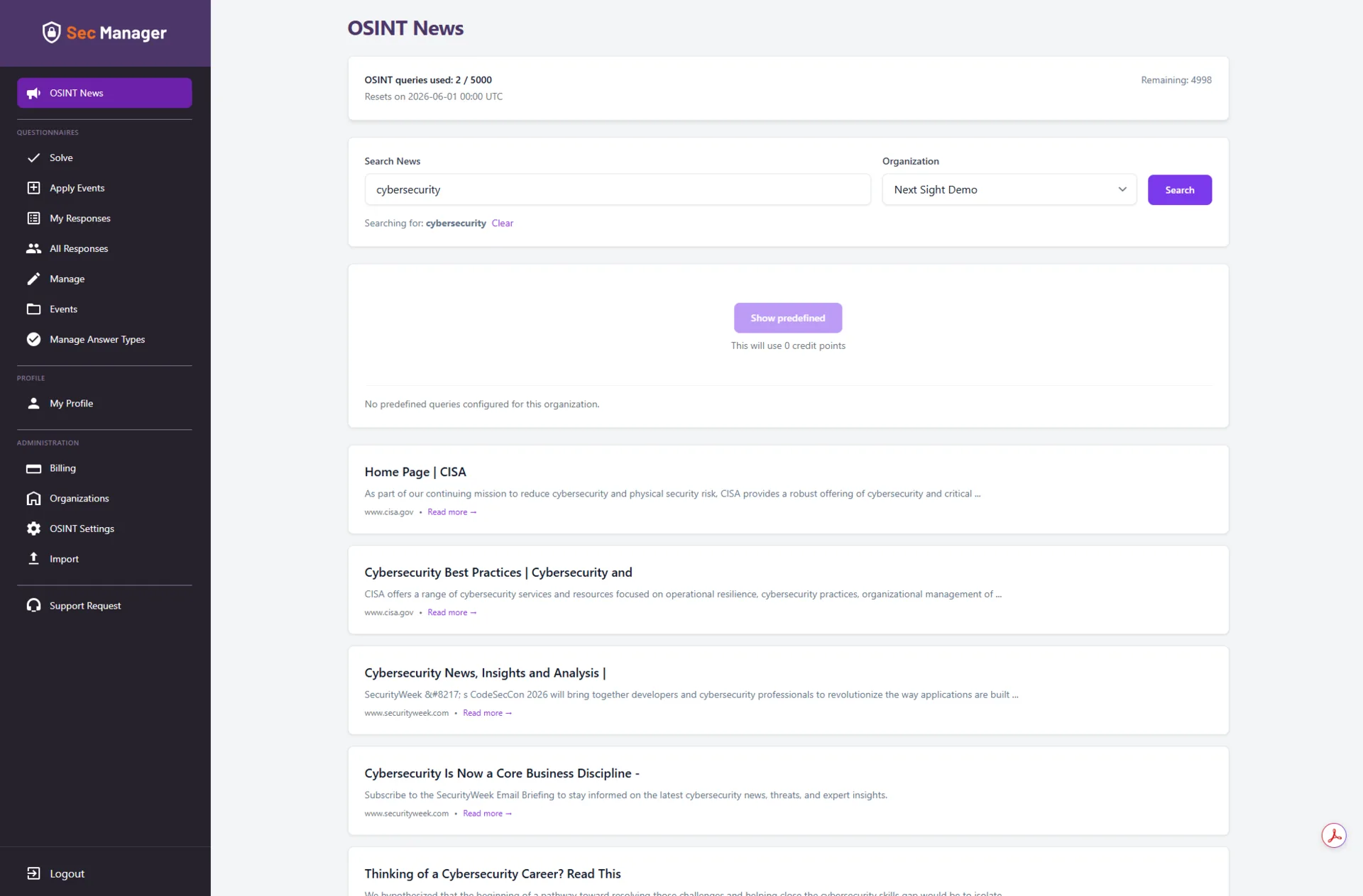 Sec Manager OSINT news search results for cybersecurity, scoped to a selected organisation with remaining query credits and source attribution
